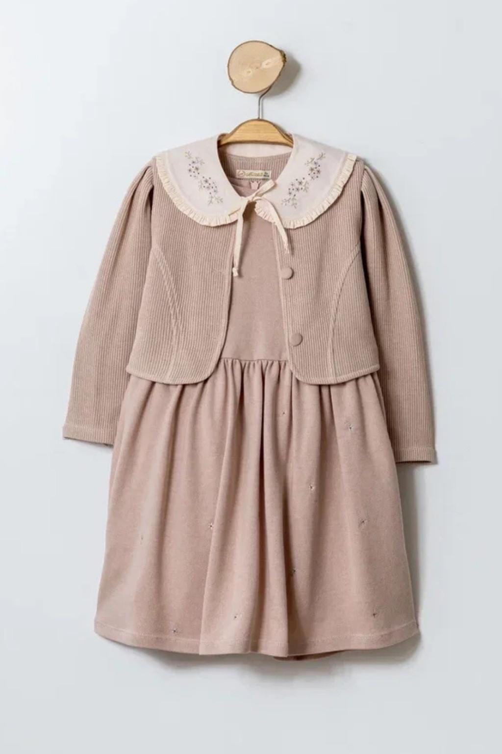 Kız Çocuk Önlük Yakalı Hırkalı Elbise Pudra (3-6 Yaş)