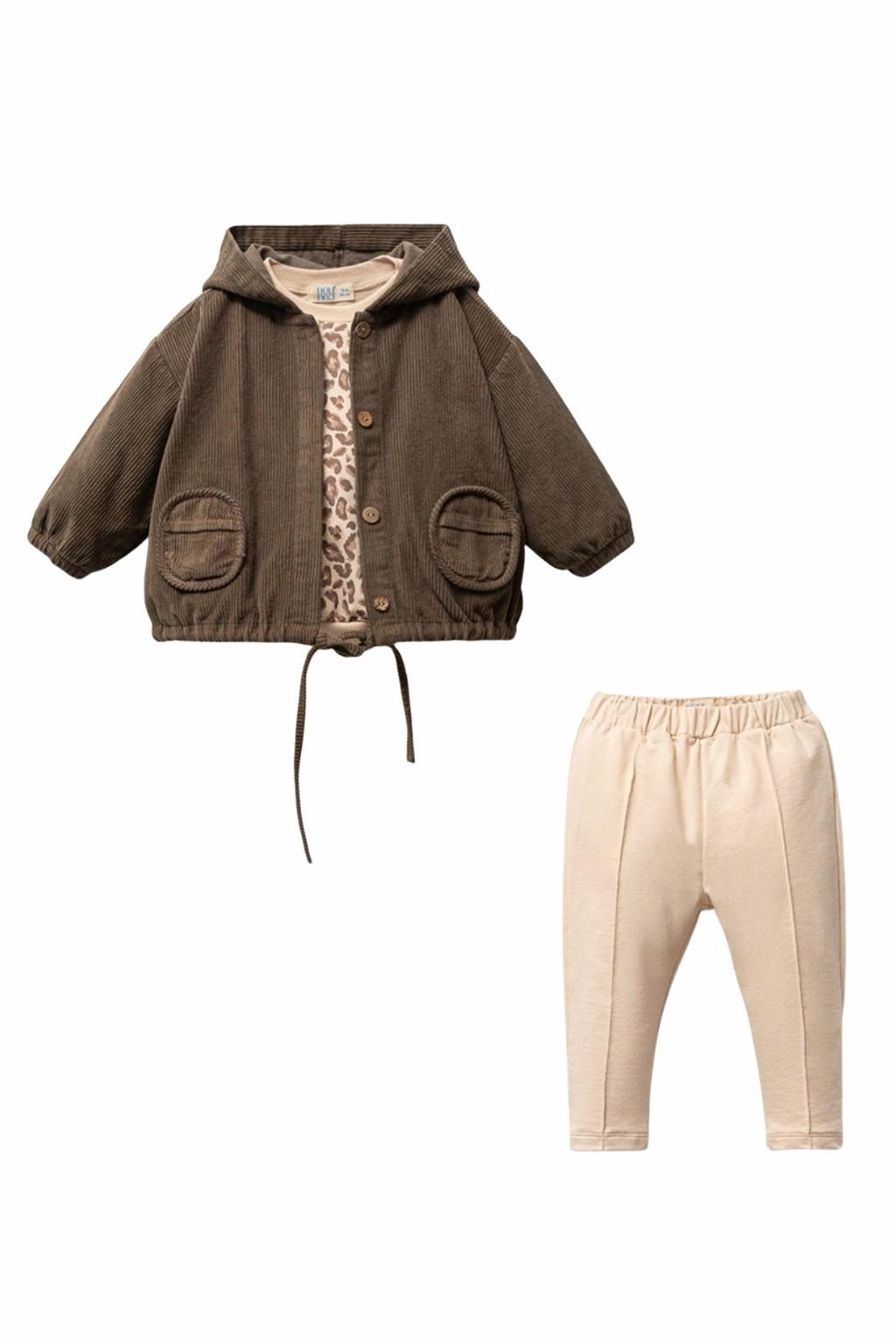 Erkek Bebek Kapüşonlu 3’lü Takım Kahverengi (9-24 Ay)