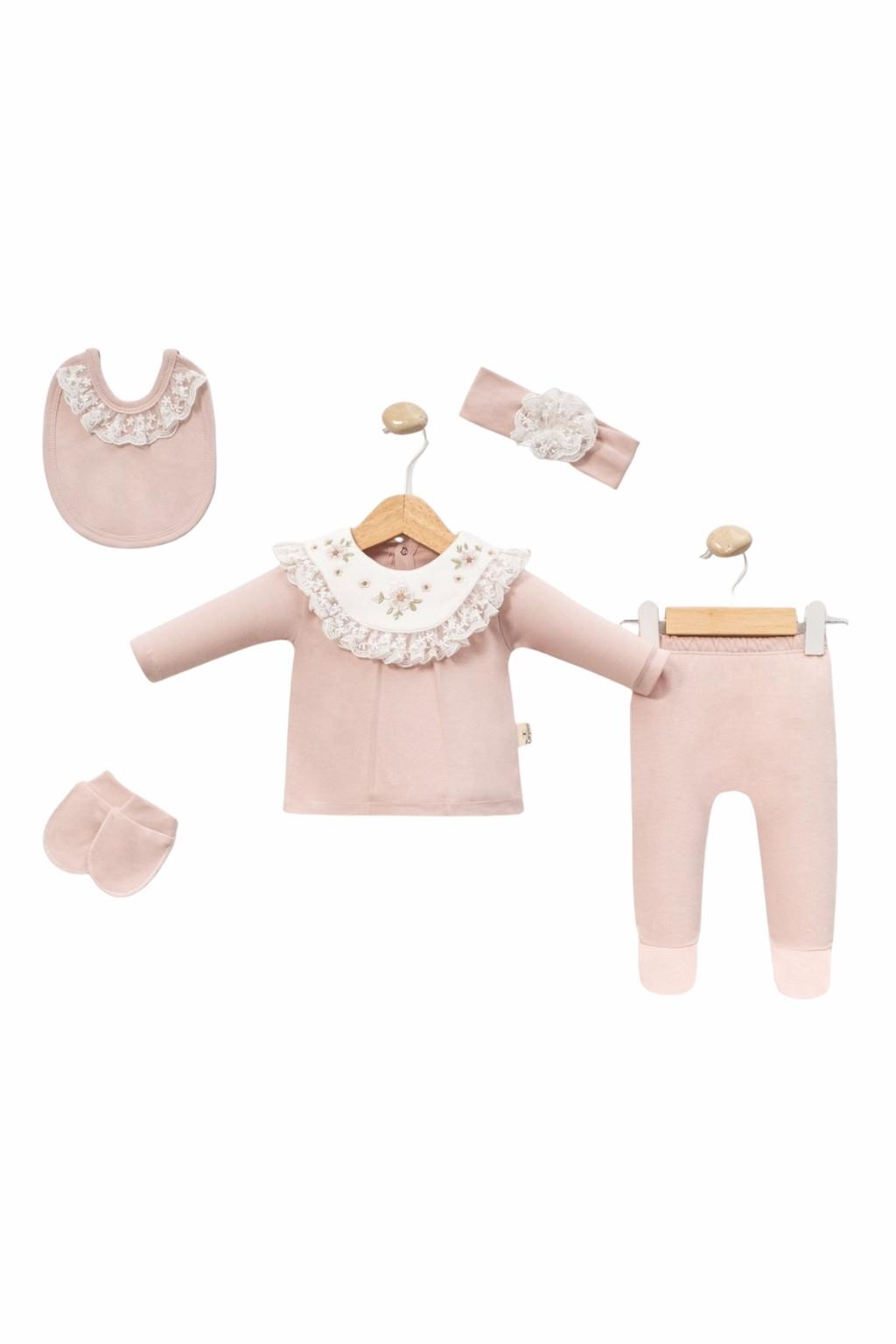 Kız Bebek Dantelli 5’li Hastane Çıkışı Seti Pudra