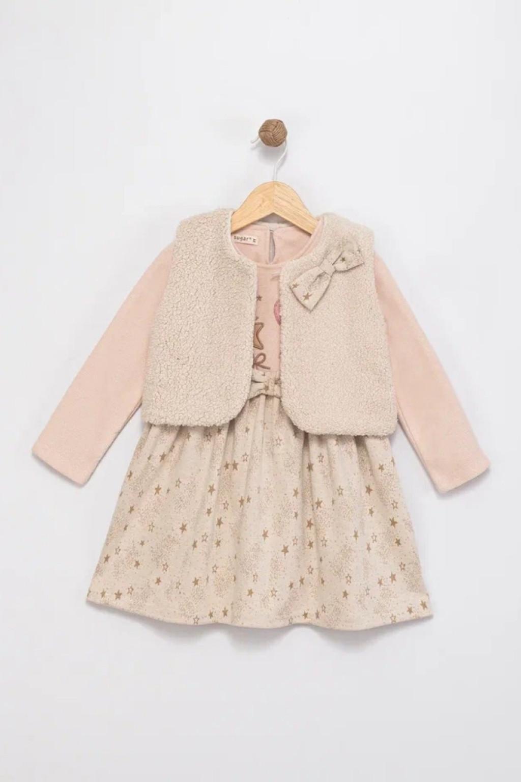 Kız Çocuk Yıldız Desenli Yelekli Elbise Takım (2-5 Yaş)