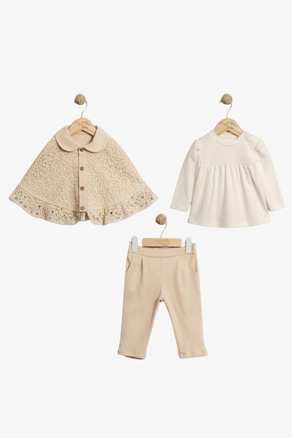 Kız Bebek Pelerinli 3'lü Takım (6-18 Ay) - Somon