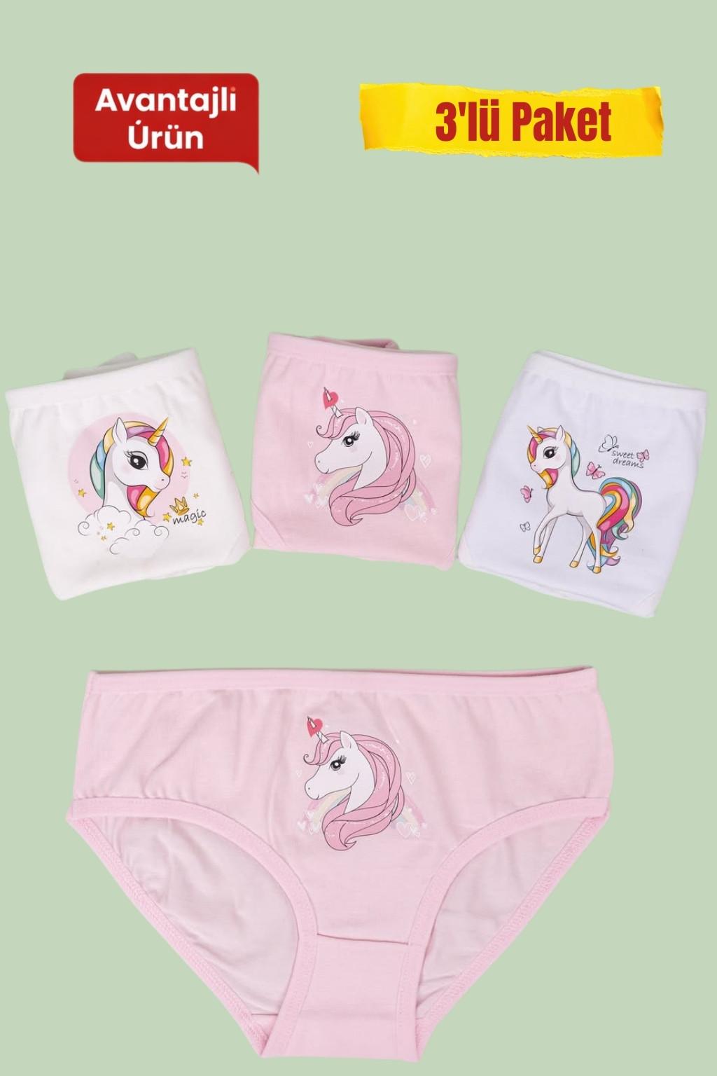 Kız Çocuk Unicorn Desenli 3’lü Külot Seti – Pamuklu İç Giyim (3-8 Yaş)