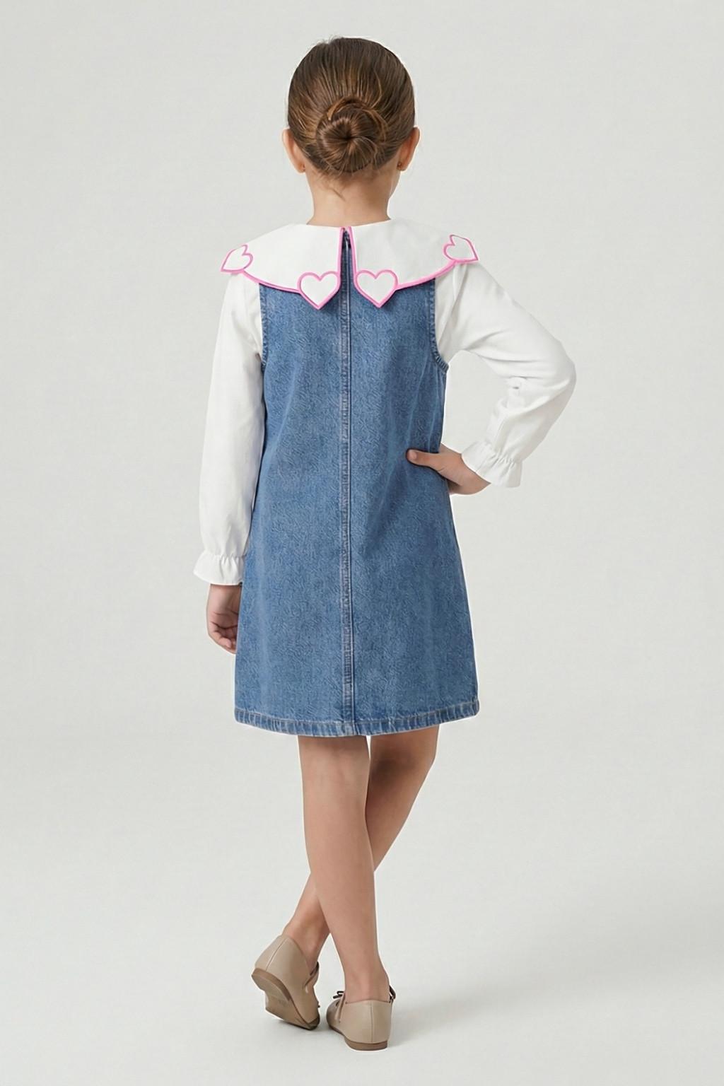 Kız Çocuk Kot Elbise Takım – Nakış Yakalı (4-9 Yaş)