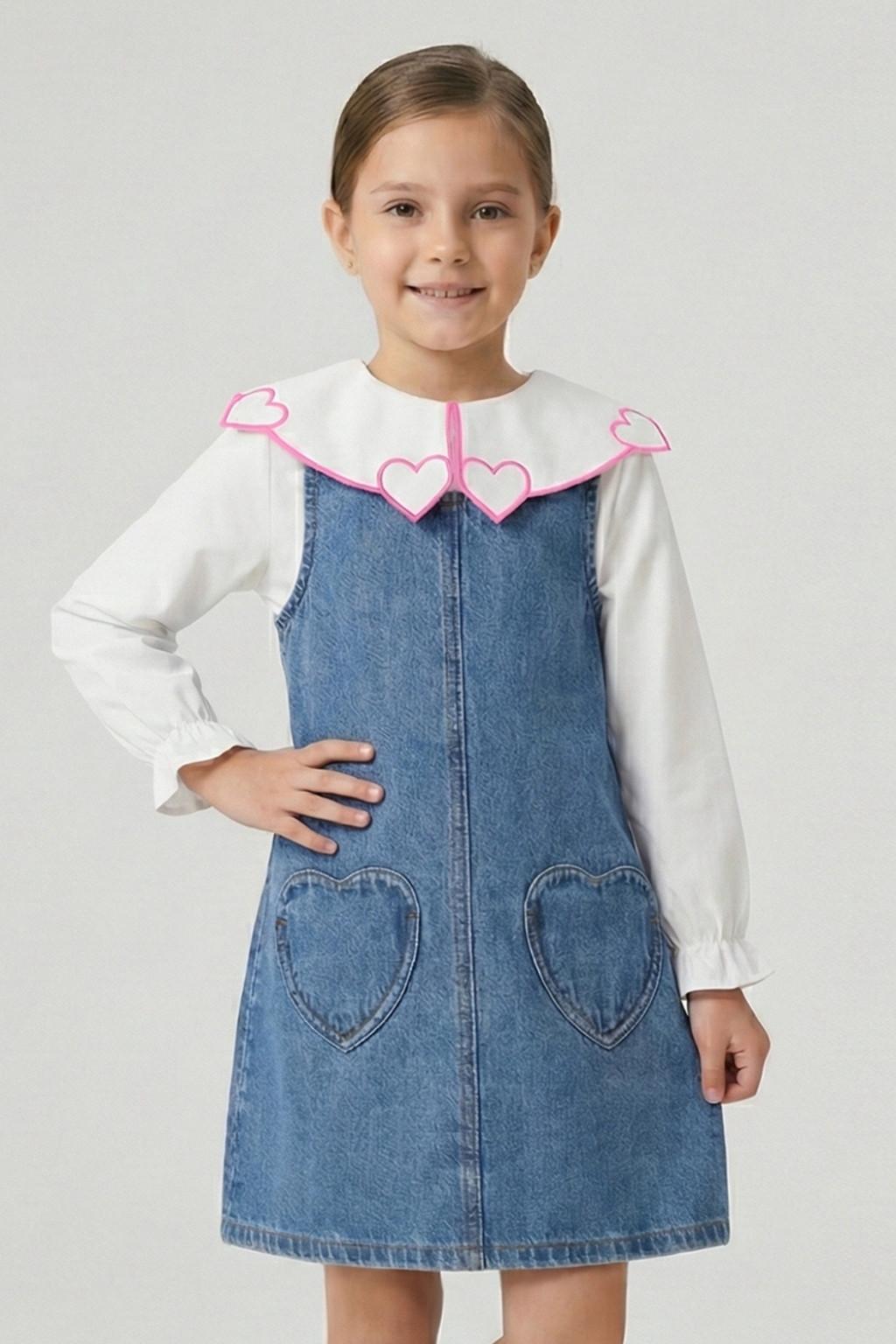 Kız Çocuk Kot Elbise Takım – Nakış Yakalı (4-9 Yaş)