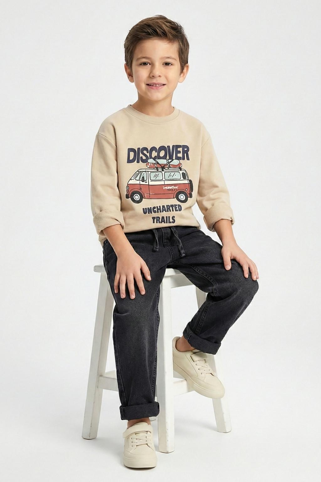 Erkek Çocuk İnce Sweatshirt – Discover Baskılı (4-9 Yaş)