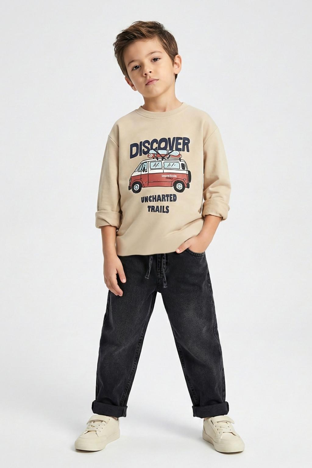 Erkek Çocuk İnce Sweatshirt – Discover Baskılı (4-9 Yaş)