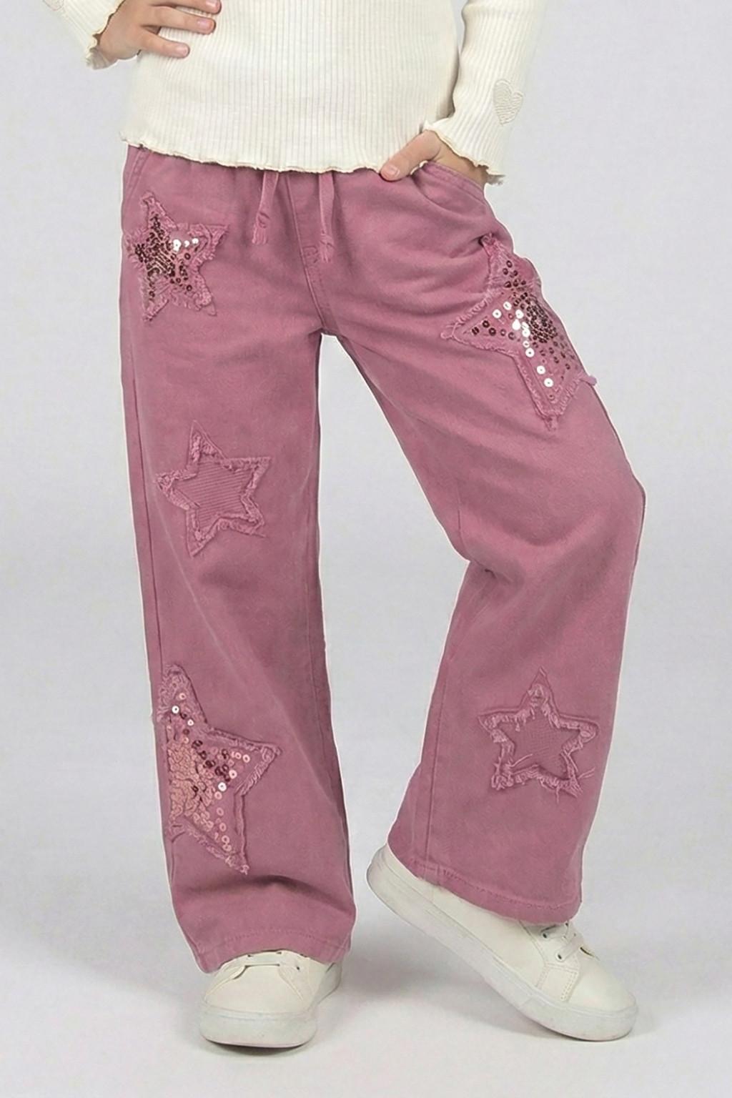 Kız Çocuk Yıldız Nakışlı Pantolon – Vişne (4-9 Yaş)
