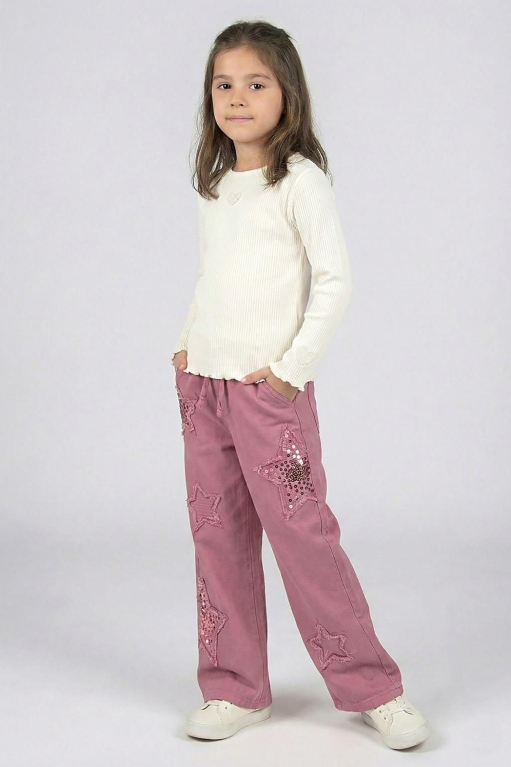 Kız Çocuk Yıldız Nakışlı Pantolon – Vişne (4-9 Yaş)