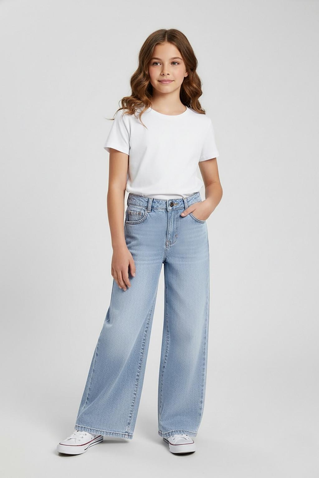 Kız Çocuk Geniş Paça Kot Pantolon – Açık Mavi (9-14 Yaş)