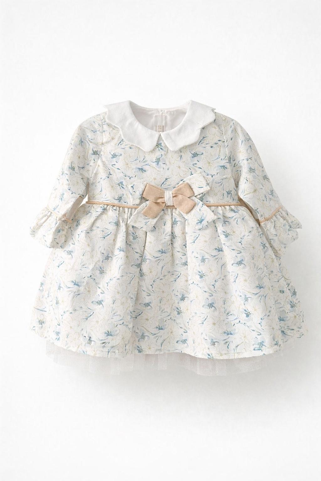 Kız Bebek Çiçek Desenli Elbise – Fiyonk Detaylı (6-36 Ay)