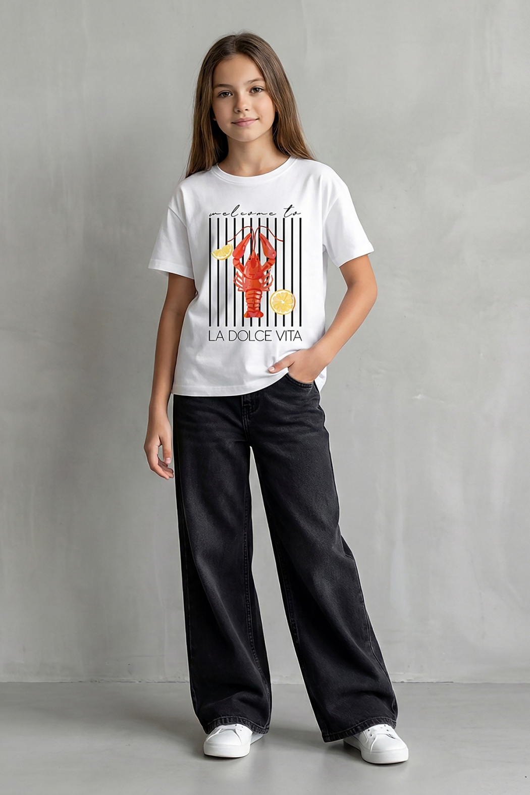 Kız Çocuk Baskılı Oversize Basic Tişört Beyaz 9-14 Yaş