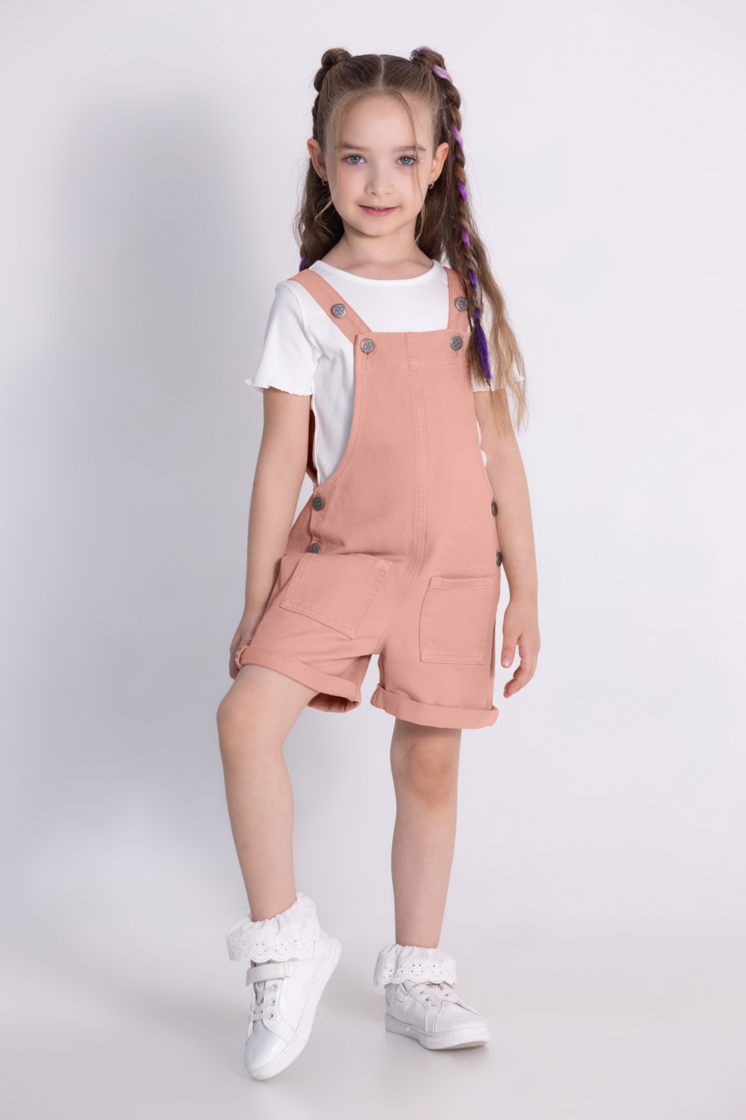 Kız Çocuk Gabardin Şortlu Tulum Pudra 4-9 Yaş