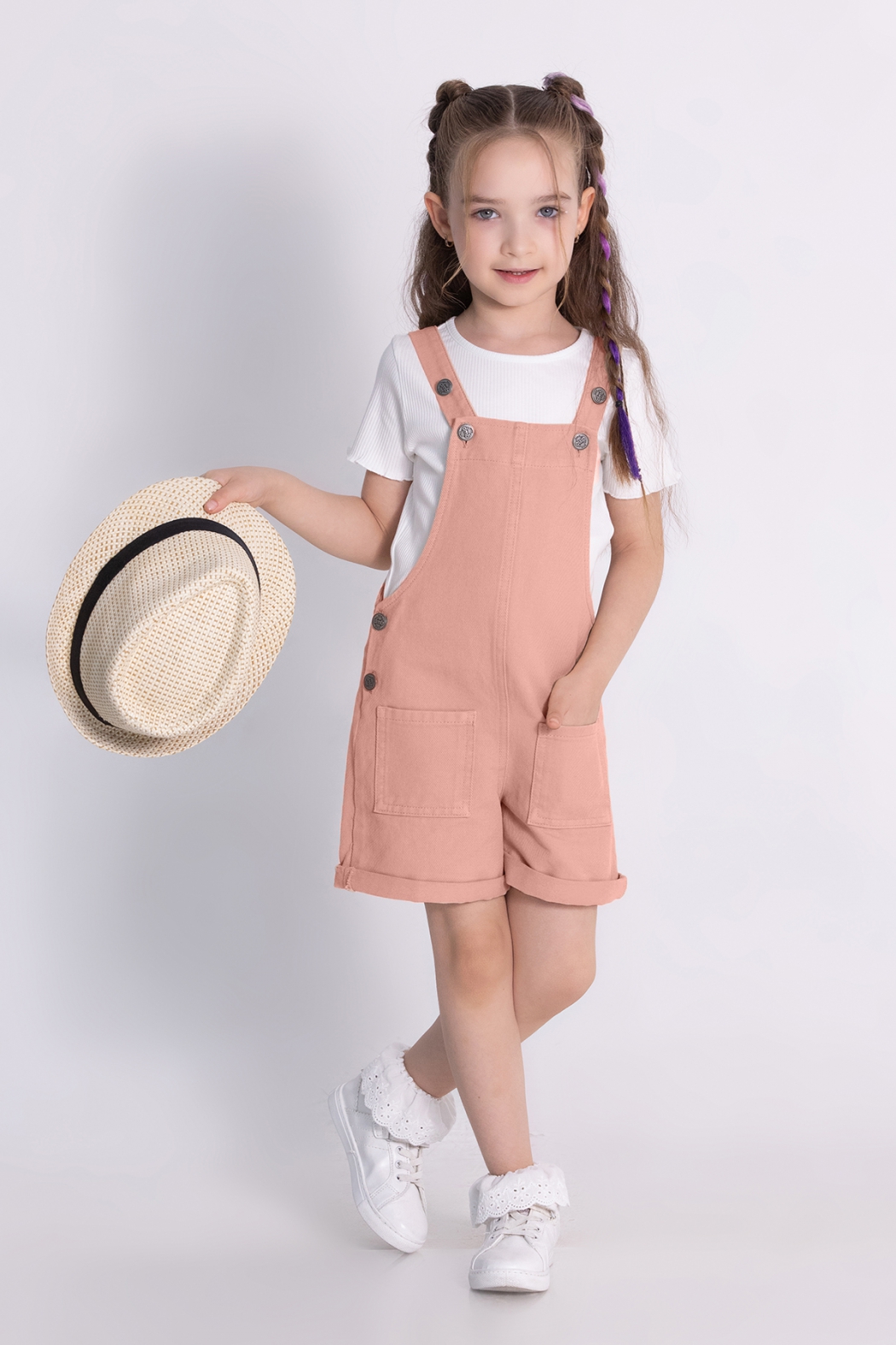 Kız Çocuk Gabardin Şortlu Tulum Pudra 4-9 Yaş